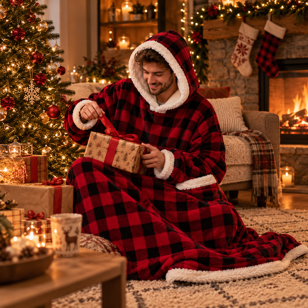 Sweat-plaid CozyClad tartan rouge, Noël au coin du feu