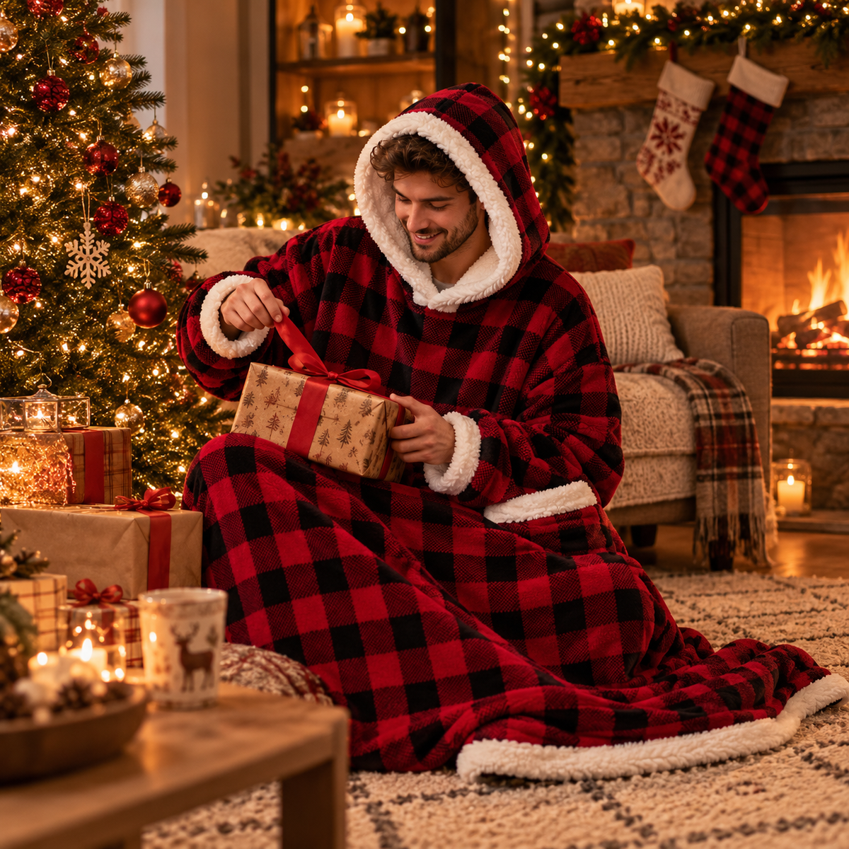 Sweat-plaid CozyClad tartan rouge, Noël au coin du feu
