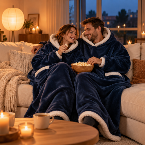 Couple en sweat-plaids CozyClad bleu marine sur le canapé